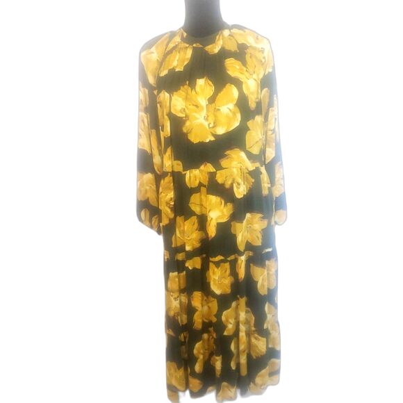 A New Day Green Yellow Floral Tiered Pockets Midi Dress Size Large - Picture 1 of 7